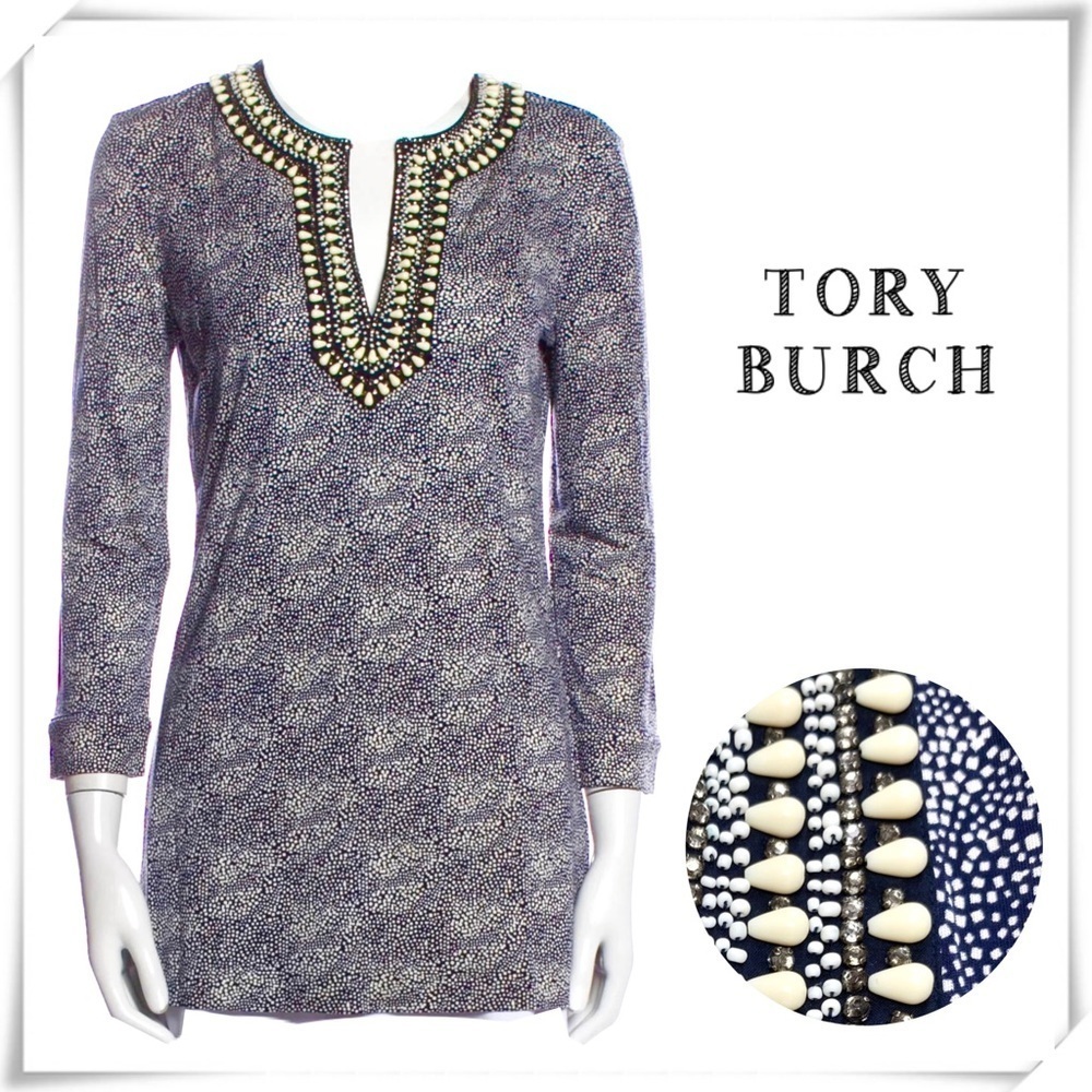 TORY Burch Silk Beaded Neck Dots Print Tunic Top in Blue Size S